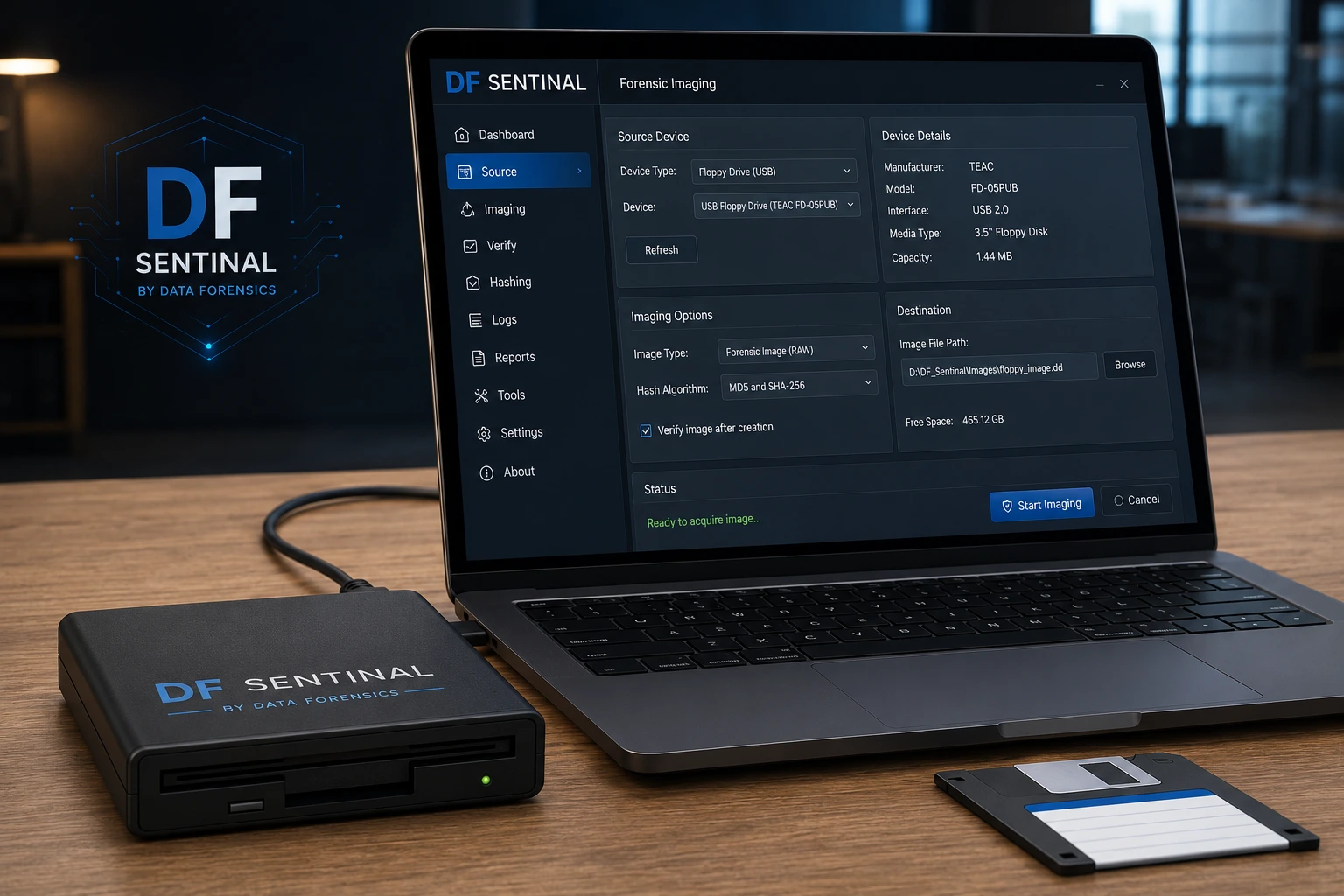 DF Sentinel forensic imaging software on a laptop, connected to the DF Sentinel floppy disk reader with a 3.5 inch floppy disk ready for acquisition